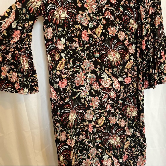 H&M Women’s Black Pink Floral Mini Dress 3/4 Flare Sleeve Size 10 - Picture 9 of 13